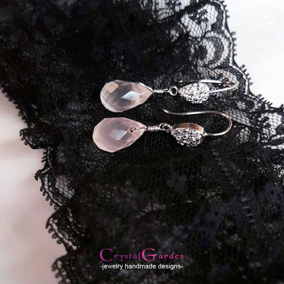 【水晶花園】時尚造型‧方晶鋯石‧粉晶‧925銀白K設計款耳環 第1張的照片
