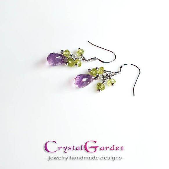 [Crystal Garden]ペリドット‧アメジスト‧925シルバーホワイトKデザインピアス 2枚目の画像