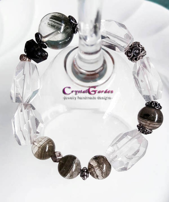 【水晶花園】白水晶‧綠幽靈‧赫爾基蒙水晶‧925純銀設計款手鍊 第7張的照片
