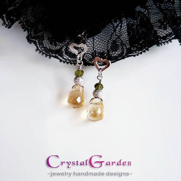 [Crystal Garden]ハートトゥハート‧トルマリン‧シトリン‧925シルバーホワイトKデザインピアス 2枚目の画像