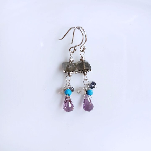 【水晶花園】拉長石‧紫水晶‧土耳其石‧925純銀設計款耳環 第3張的照片