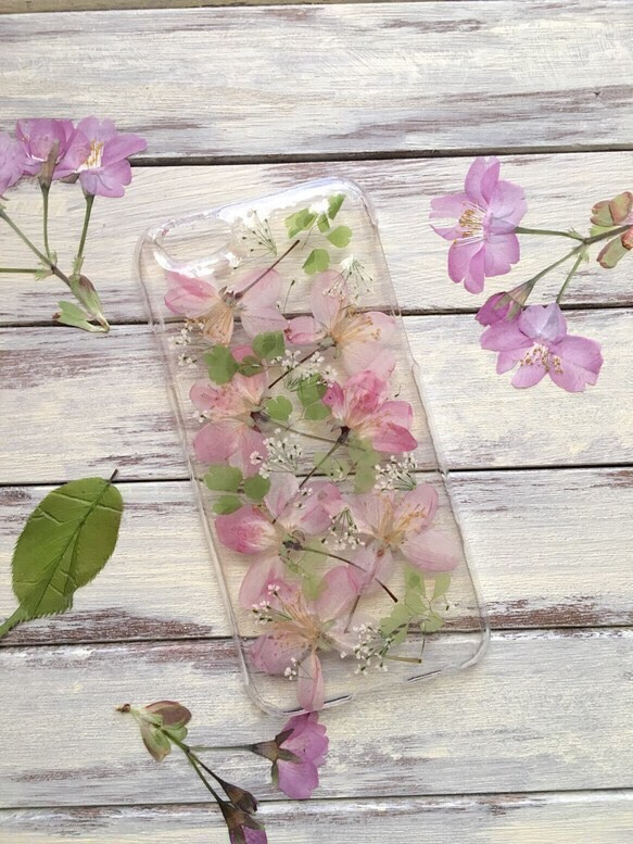★jasmine★GPSケース お花とリボン / 合皮ピンクベージュ 夢見草＊花海棠 お花 スマホケース(iPhone6/6s) iPhoneケース・カバー