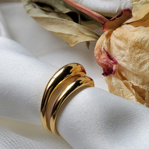 送料無料）ぽってりtwoline 18KGP ゴールドリングRS-43ダブルライン