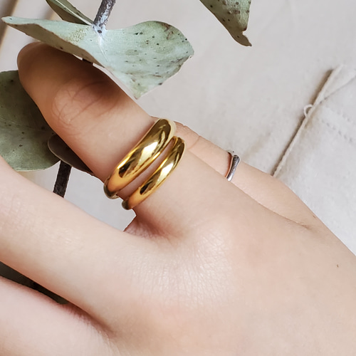 送料無料）ぽってりtwoline 18KGP ゴールドリングRS-43ダブルライン