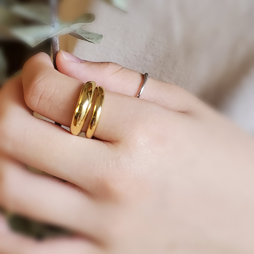 送料無料）ぽってりtwoline 18KGP ゴールドリングRS-43ダブルライン