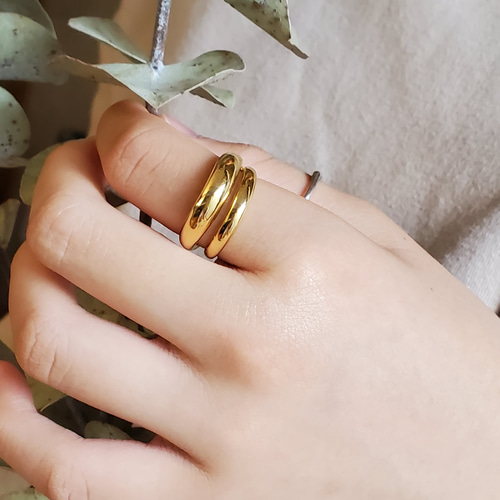 送料無料）ぽってりtwoline 18KGP ゴールドリングRS-43ダブルライン