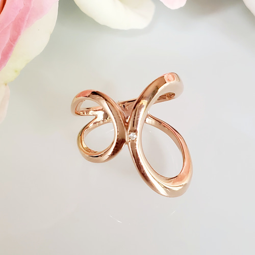 送料無料）ダイヤ付き付き、アシンメトリーピンクゴールドリングRS-83