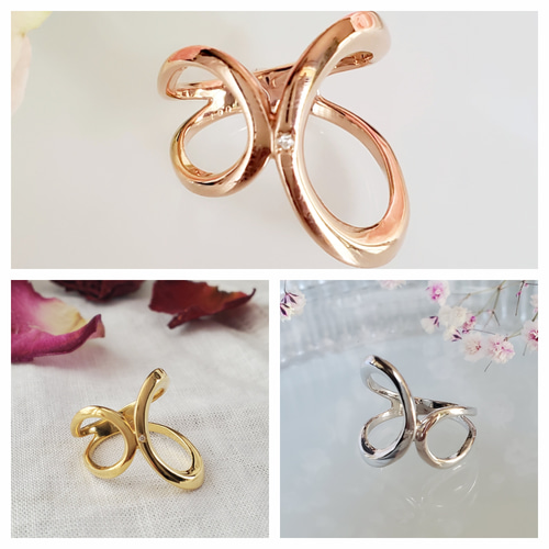 送料無料）ダイヤ付き付き、アシンメトリーピンクゴールドリングRS-83