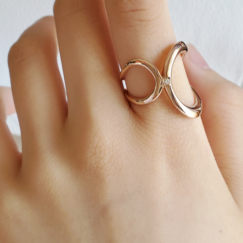 送料無料）ダイヤ付き付き、アシンメトリーピンクゴールドリングRS-83