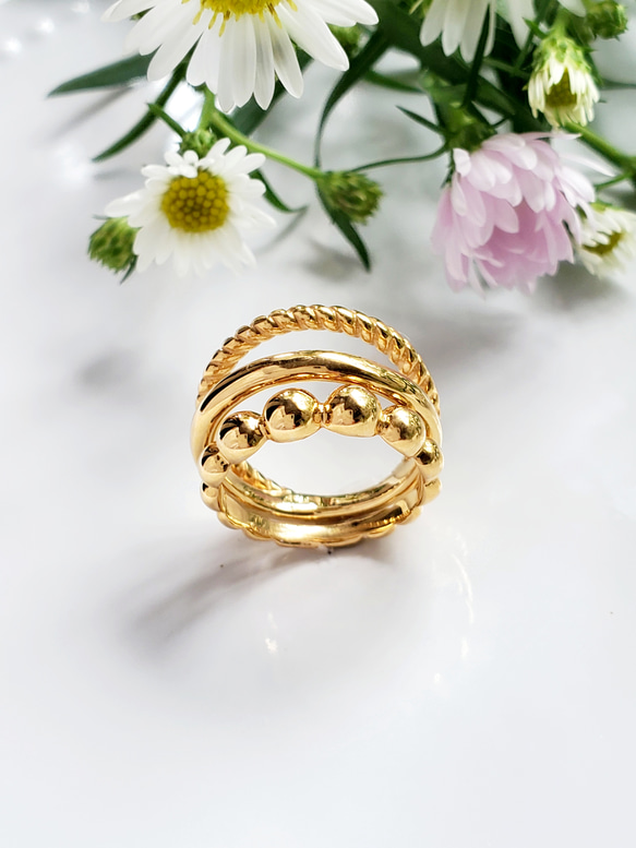 重ね付け、お洒落2点セット つぶつぶ ねじねじ,ボールゴールドリング