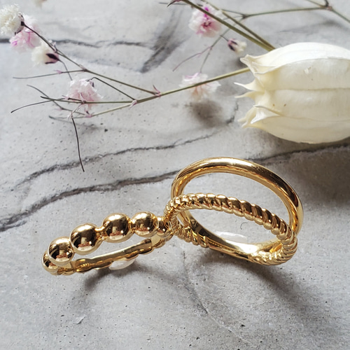 重ね付け、お洒落2点セット つぶつぶ ねじねじ,ボールゴールドリング  