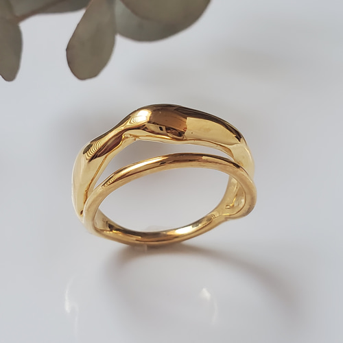 いびつ 、ダブルラインウェーブ重ねつけ2連ゴールドリングRS-92 指輪