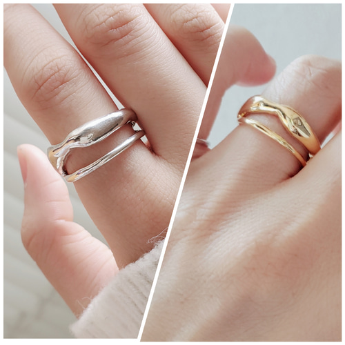 いびつ 、ダブルラインウェーブ重ねつけ2連ゴールドリングRS-92 指輪