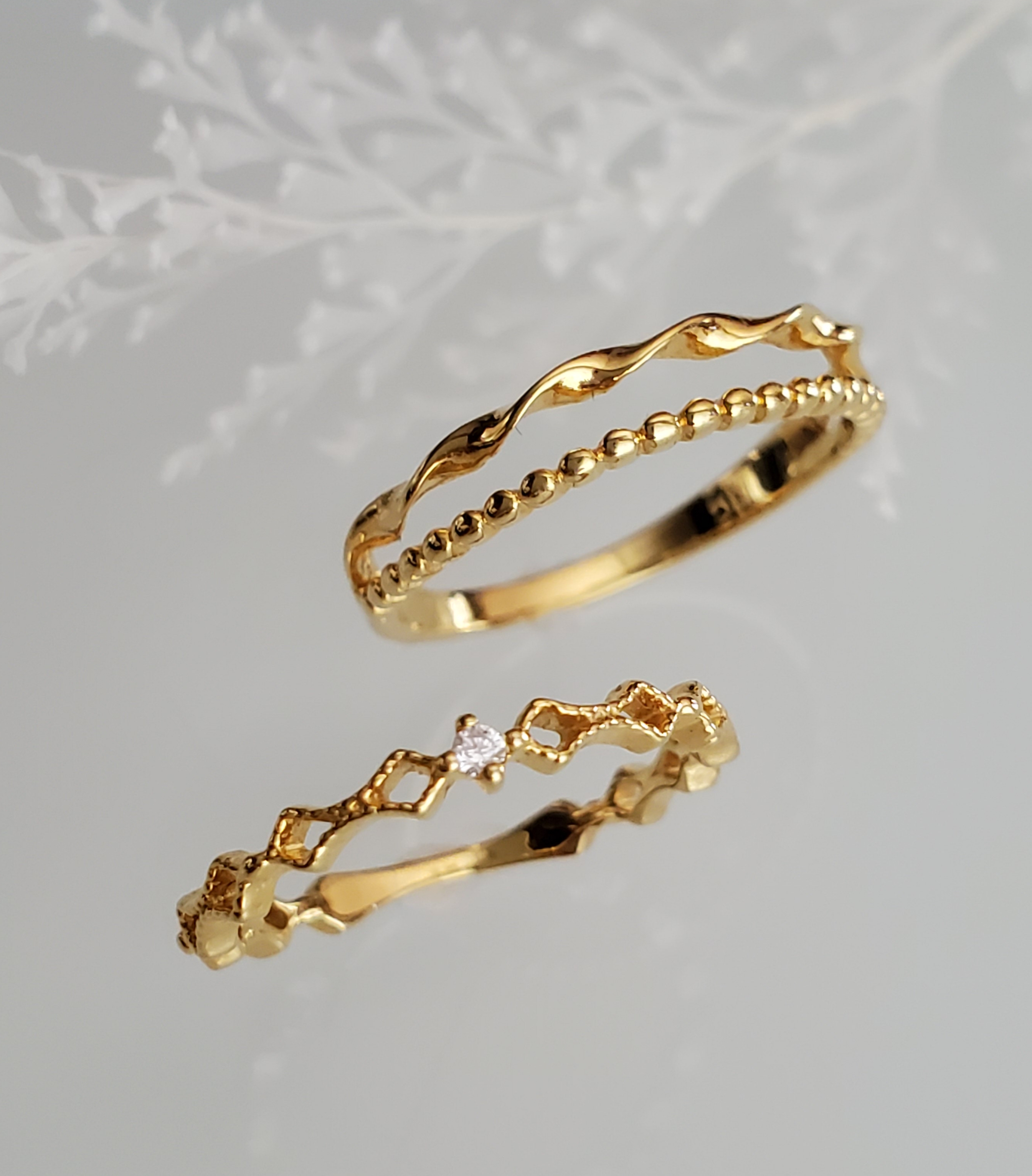 華奢ゴールドK18GPピンキーリング２点セット.重ね付けリング、CZダイアモンド