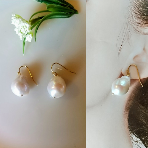 大粒！Mバロックパールピアス/イヤリング ピアス（フック・チェーン