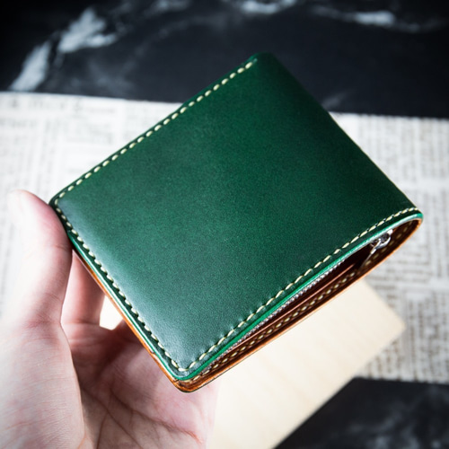 ダークグリーンとブラウンの手縫いウォレット】イタリアントップ野菜