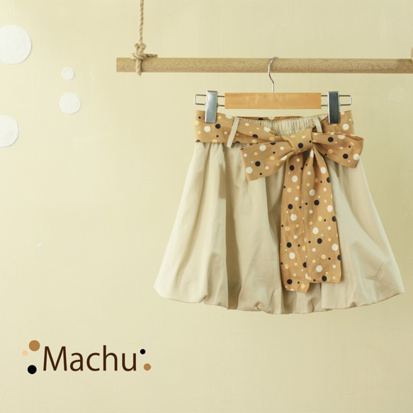 【Machu】咖啡色點點綁帶 淺卡其色純棉泡泡裙_麻雀 第1張的照片