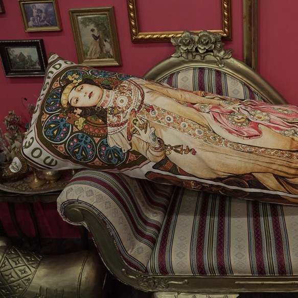 ミュシャ 抱き枕 総柄 北欧 アート コットンリネン ロングクッション ロングピロー 【A】 3枚目の画像