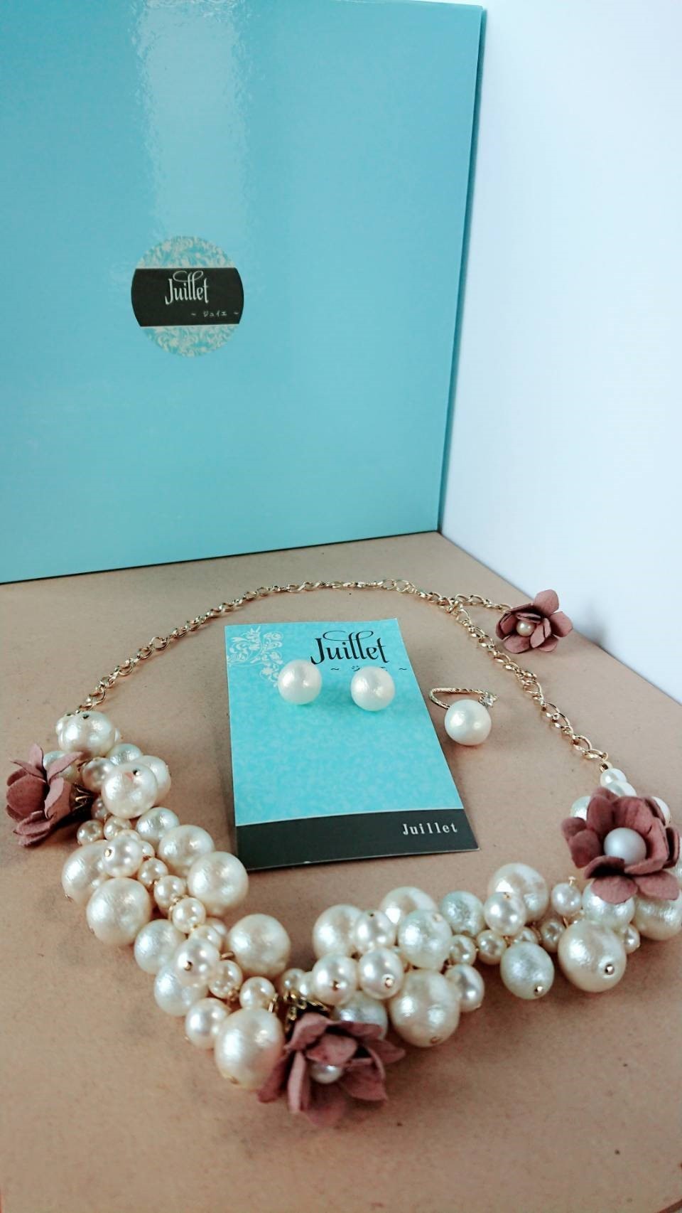 【送料無料】コットンパールのボリュームネックレス・ピアス・リングの3点セット  ピンク