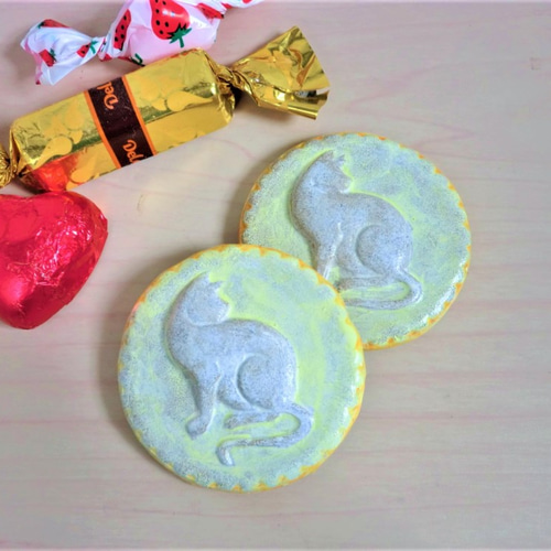 クッキーみたいなねこのレリーフ箸置き二個セット☆クリーム色  