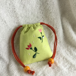 ミニ巾着・グリーン　～花柄ｂ～ 1枚目の画像
