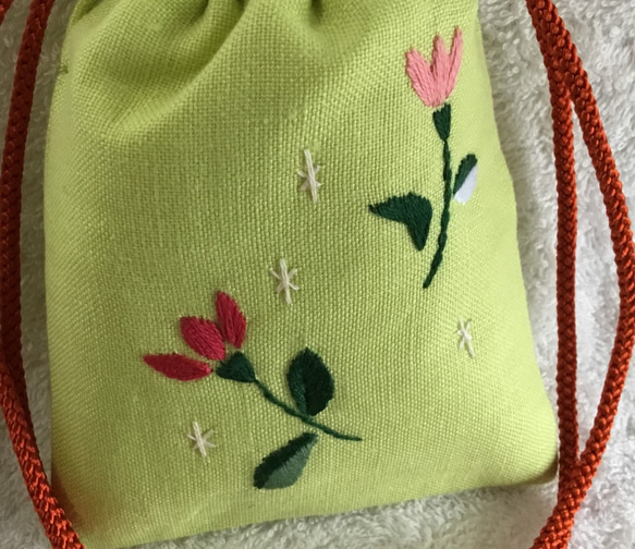 ミニ巾着・グリーン　～花柄ｂ～ 2枚目の画像