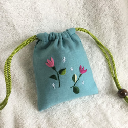 ミニ巾着・ブルー　～花柄ｂ～ 1枚目の画像