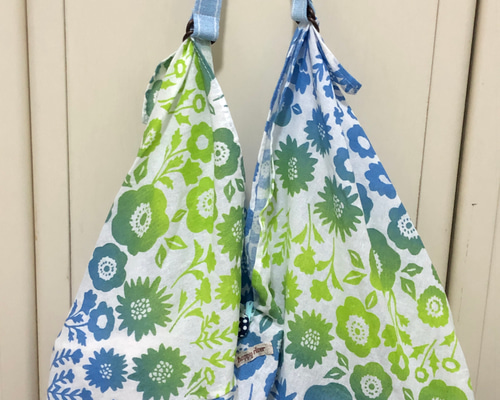 あずま袋エコバック持ち手付き（花ブルー) C9 エコバッグ・サブバッグ