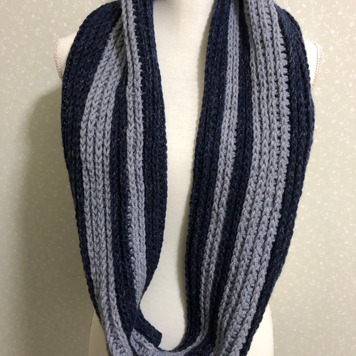 手編みスヌード（紺グレー）ネックウォーマー ハンドメイド スヌード