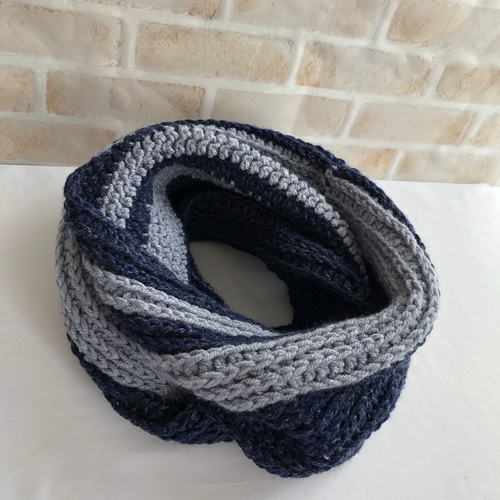 手編みスヌード（紺グレー）ネックウォーマー ハンドメイド スヌード
