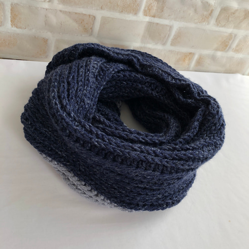 手編みスヌード（紺グレー）ネックウォーマー ハンドメイド スヌード