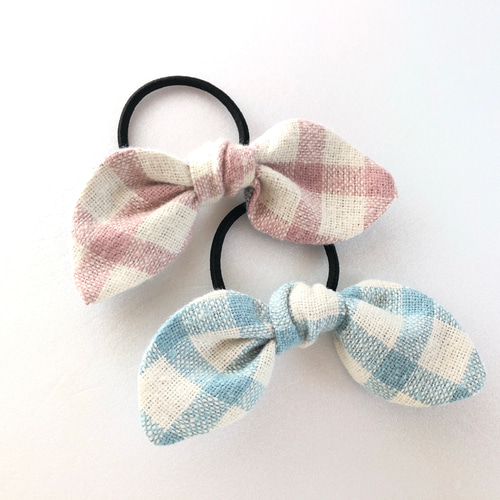 大きなチェックのうさみみリボンヘアゴム 2個セット ヘアゴム 