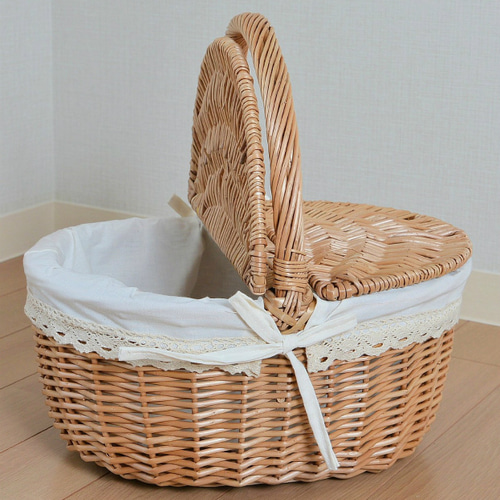 ピクニックバスケット 蓋付 弁当箱 布付 北欧風 おしゃれ Mサイズ