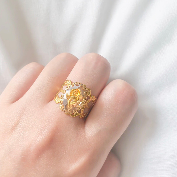 Vintage rétro gold rose lace ring 1枚目の画像