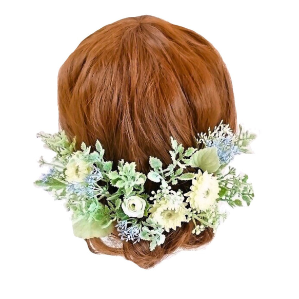 ヘアパーツ　ナチュラル　ホワイトグリーン系ヘアード　シルクフラワー　プリザーブドフラワー　造花　ウェディング髪飾り　ヘア 1枚目の画像