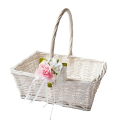 ≪最終値下げ≫ハンドメイド 花付きバスケット ホワイト 結婚式 プチギフト入れに 結婚式 カゴ、ウエディング バスケット(スクエア)ホワイト ブライダル