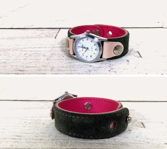 【即納】2WAY REVERSIBLE　LEATHR WATCH / red×green 3枚目の画像