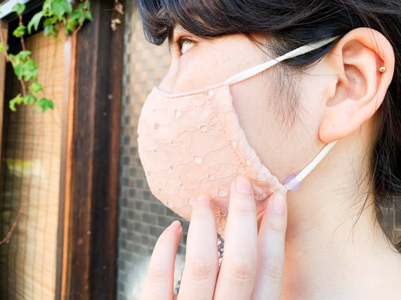 夏季口罩☀︎ 成人可愛優雅棉質蕾絲和雙層紗布立體布口罩（成人）日本製造的紫外線檢查 第6張的照片