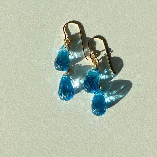 高品質【スイスブルートパーズ】ブリオレットカット2粒ピアス/14kgf