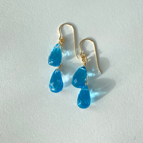 高品質【スイスブルートパーズ】ブリオレットカット2粒ピアス/14kgf