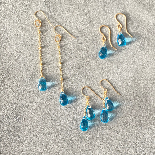 高品質【スイスブルートパーズ】ブリオレットカット2粒ピアス/14kgf