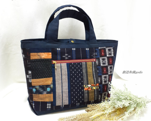 ハンドメイド　パッチワーク　着物リメイク　古布　大きなトートバッグ 楽天市場】大島紬パッチワークバッグ 三つ編み持手 在庫限定｜和