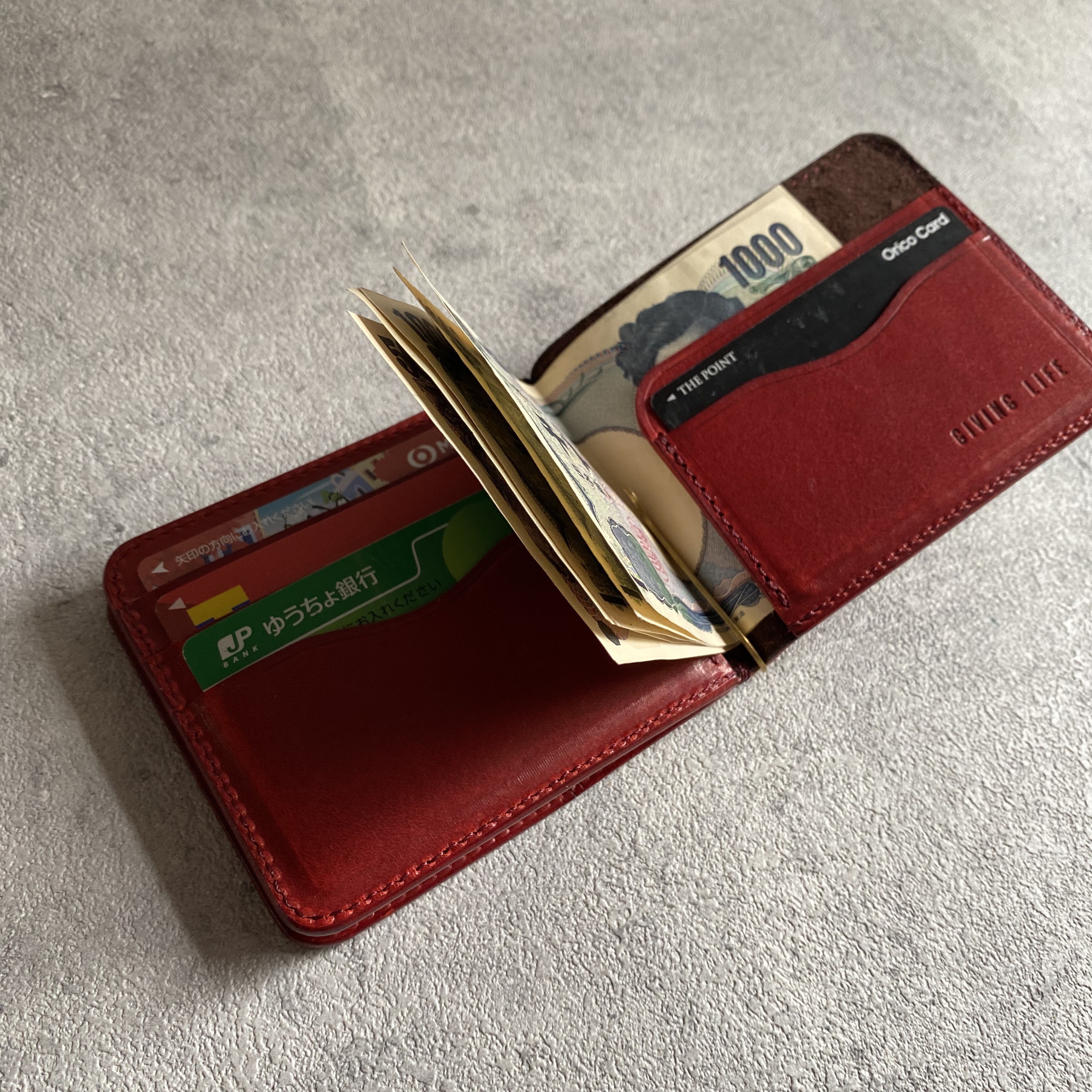 薄型マネークリップ イタリアンレザー 多機能  小銭入れ レッド