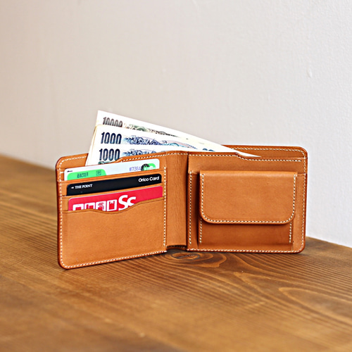 旧作アウトレット】イタリアヌメ レザー 二つ折り財布 シボ 手縫い