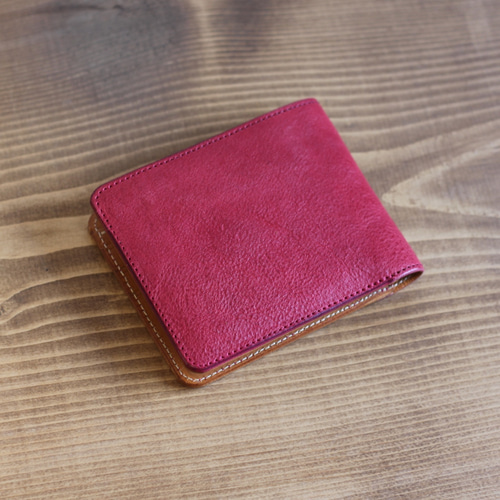 イタリアン レザー ヌメ革 二つ折り 財布 マゼンタ その他ミニ財布
