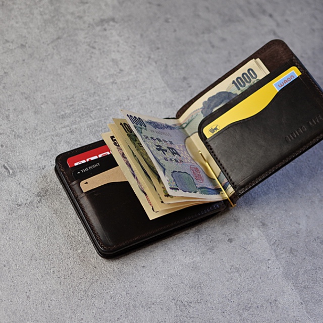 薄型マネークリップ イタリアンレザー 多機能 小銭入れ ダークブラウン