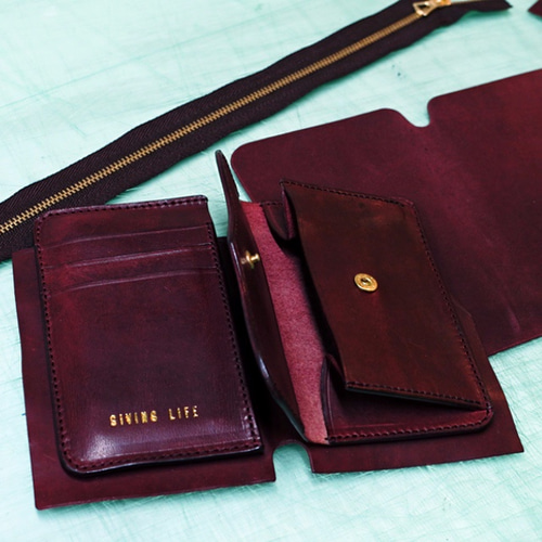 高級イタリアンレザー ミドル財布 winered ワインレッド その他ミニ