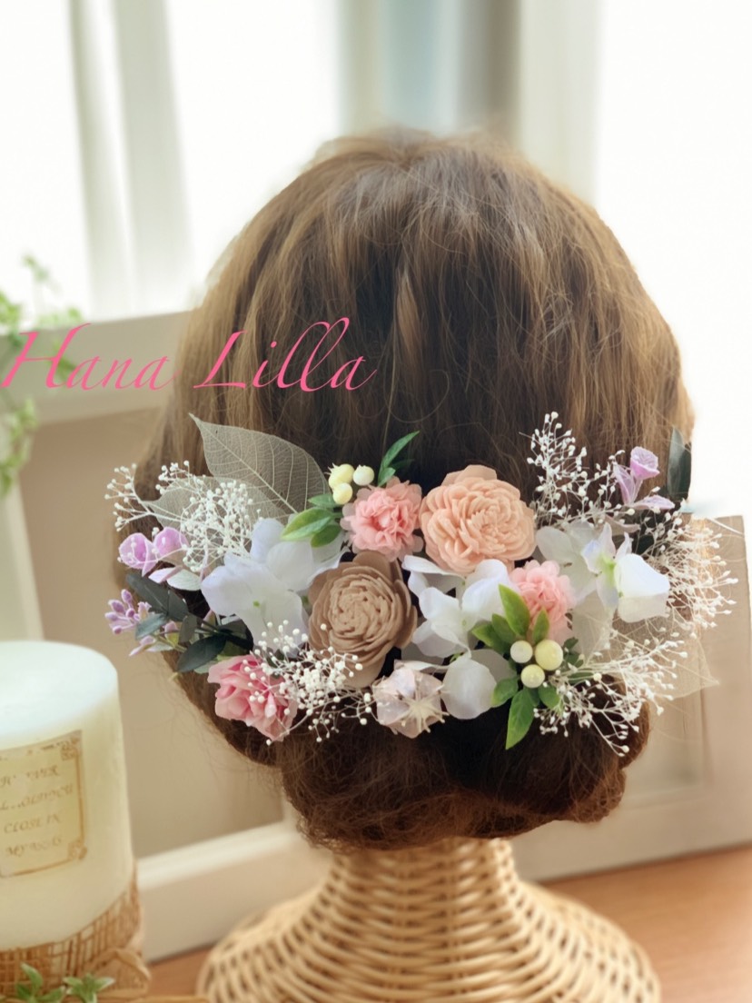 見本♪スケルトンリーフと淡いピンクのナチュラルミックス髪飾り