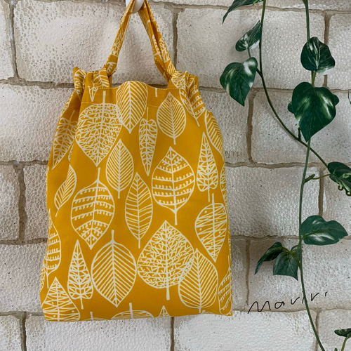 ◇受注製作◇巾着みたいなエコバッグ(小)リーフ柄/黄 撥水加工ナイロン  