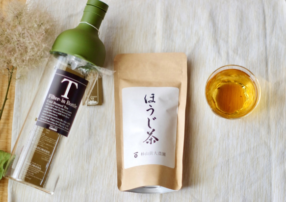 夏はボトルで水出し！杉山貢大農園の「ほうじ茶50g」&茶こし付き耐熱ボトルセット 1枚目の画像